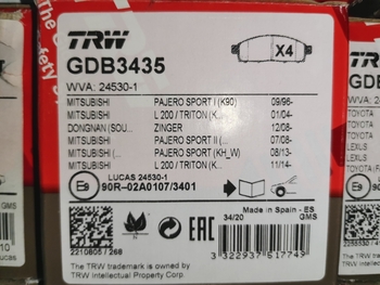 Дисковые тормозные колодки передние TRW GDB3435 для Mitsubishi Pajero Sport, Mitsubishi Montero, Mitsubishi L200 (4 шт.)