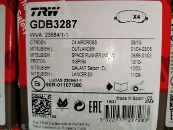 Дисковые тормозные колодки передние TRW GDB3287 для автомобилей Mitsubishi Lancer X (2008->)/ Mitsubishi Outlander (2012->) к-кт (4 шт.)