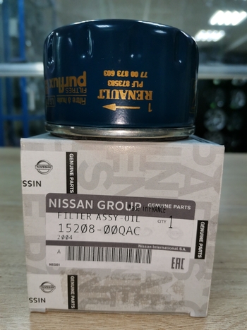 Фильтр масляный Nissan 1520800QAC для Nissan Almera G15RA (2013->) Renault Logan 1.4,1.6,(2004->) / Renault Sandero 1.4,1.6,(2004->)(бензин)