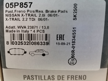 Дисковые тормозные колодки задние LPR 05P857 для Infiniti, Nissan, Suzuki (4 шт.)