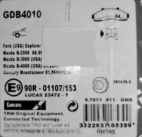 Дисковые тормозные колодки передние TRW GDB4010 для Ford Explorer USA(1995.03-2001.12)